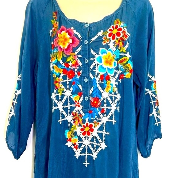 Johnny Was - Blue Embroidered Floral Boho Pullover Long Sleeve Blouse Size Sm - Picture 5 of 14
